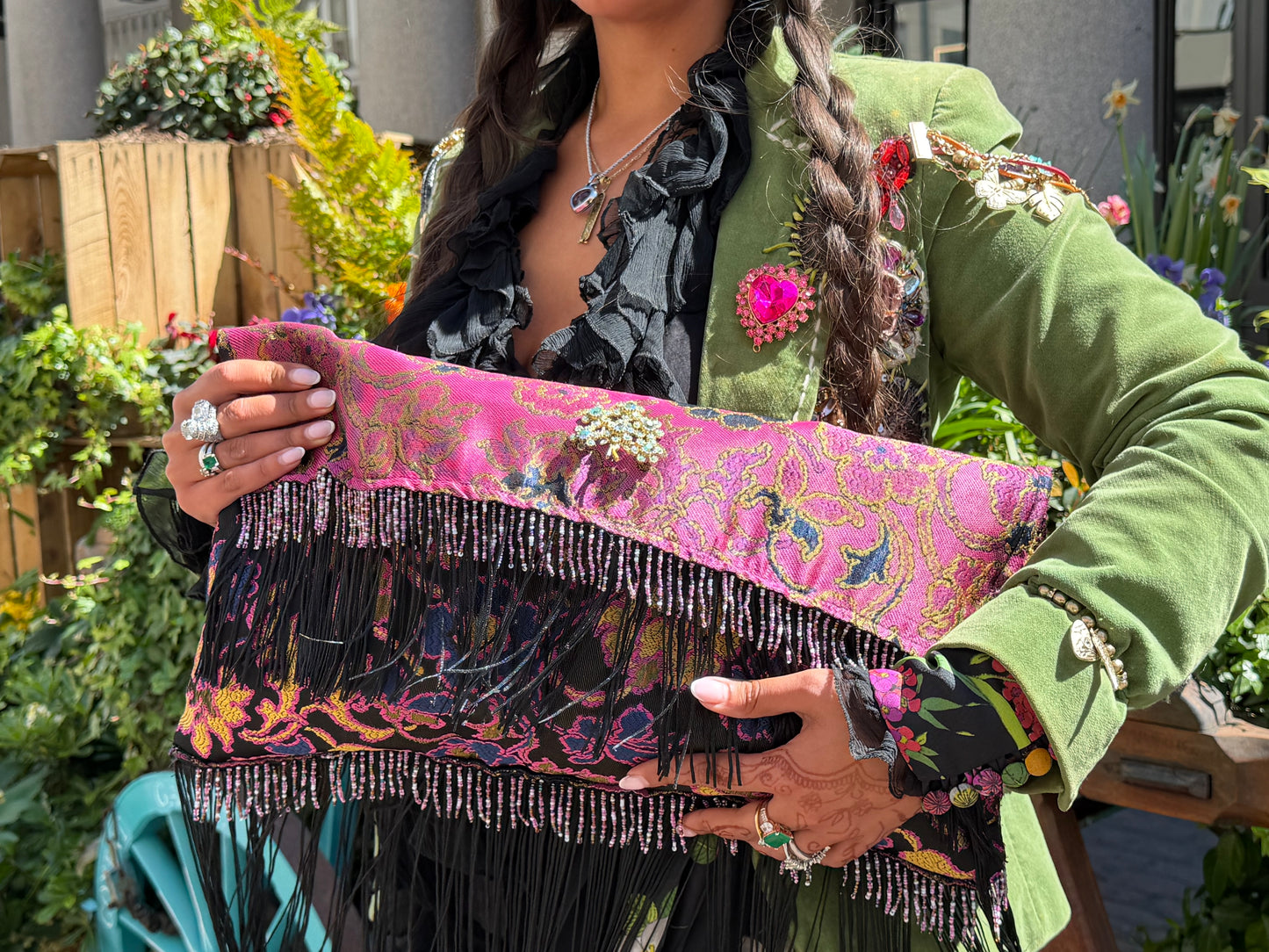 Lolita Clutch Bag - Reworked 70's jacquard brocade tapestry tassel  clutch bag